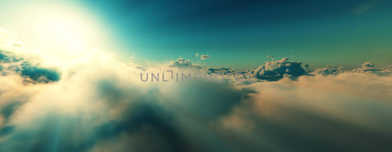 above clouds fly sunset sun ray illustration, 3d render