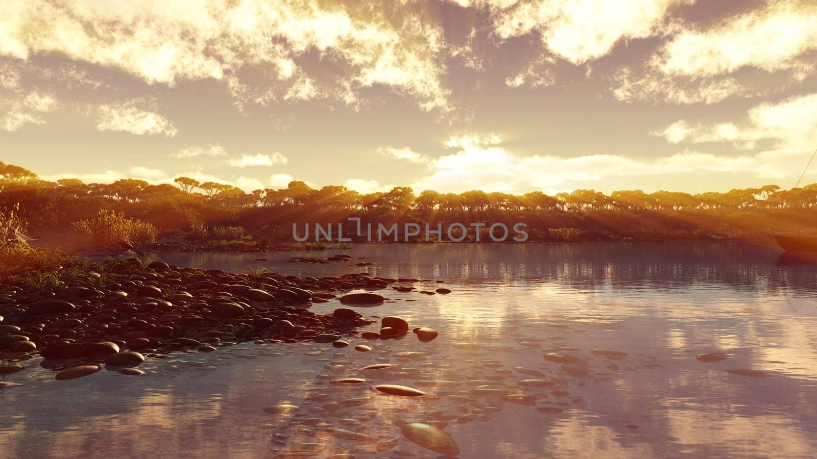 Beautiful sunset over the tropical lagoon, illustration 3d rendering