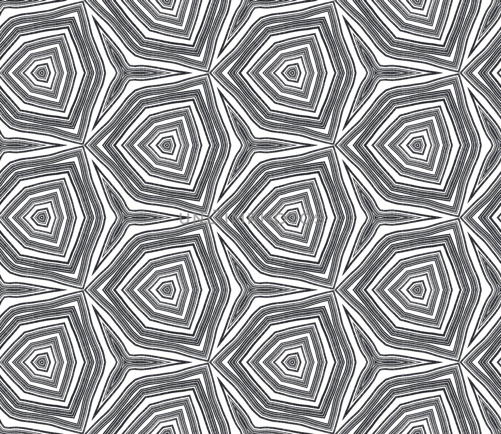 Ethnic hand painted pattern. Black symmetrical kaleidoscope background. Textile ready ecstatic print, swimwear fabric, wallpaper, wrapping. Summer dress ethnic hand painted tile.