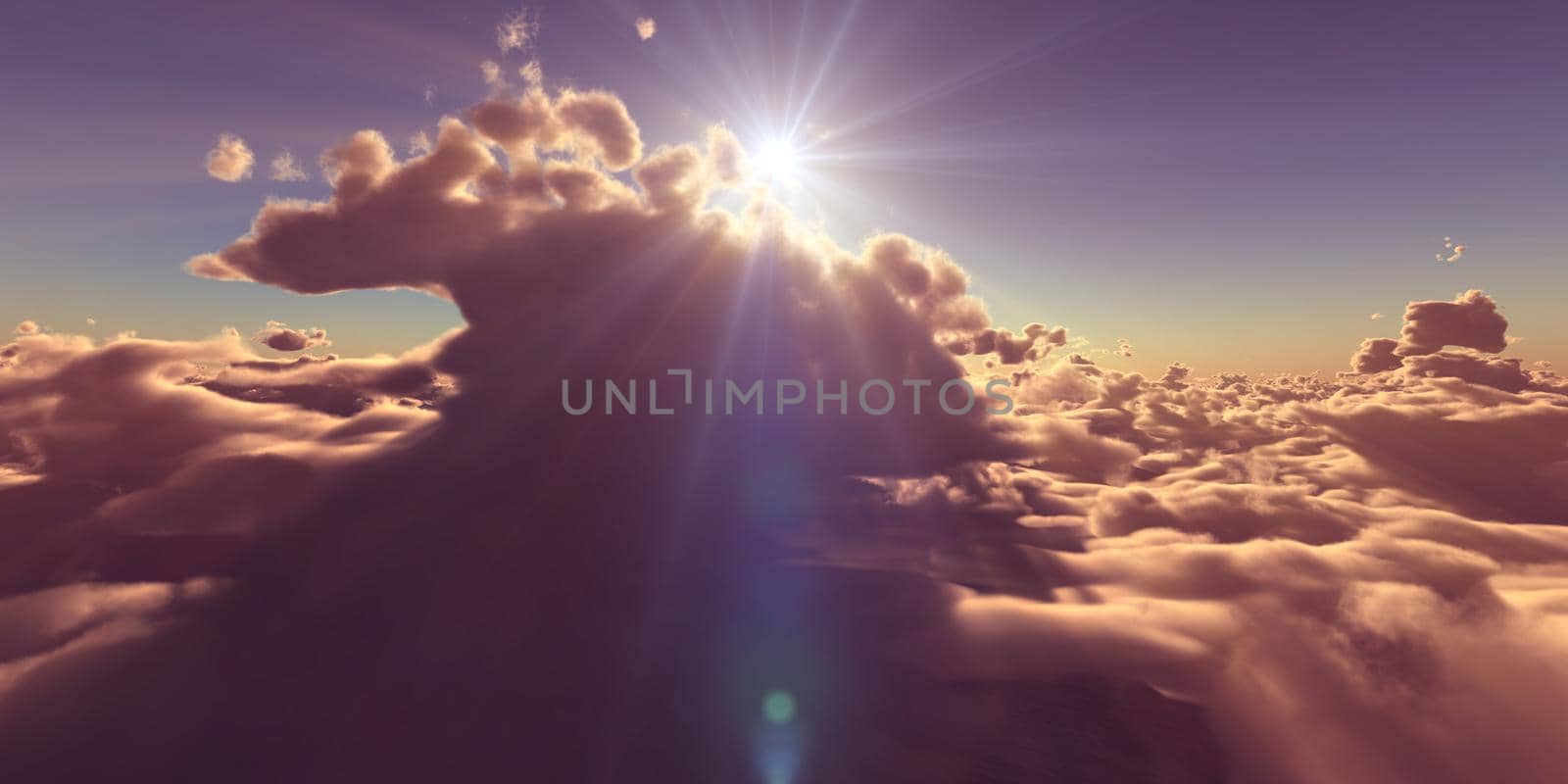 fly above clouds sunset landscape, 3d render illustration