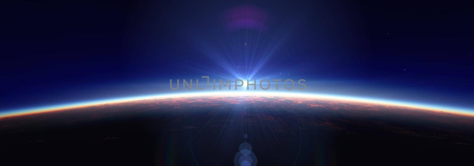 Earth sunrise from space over cloudy ocean. 3d rendering illustration