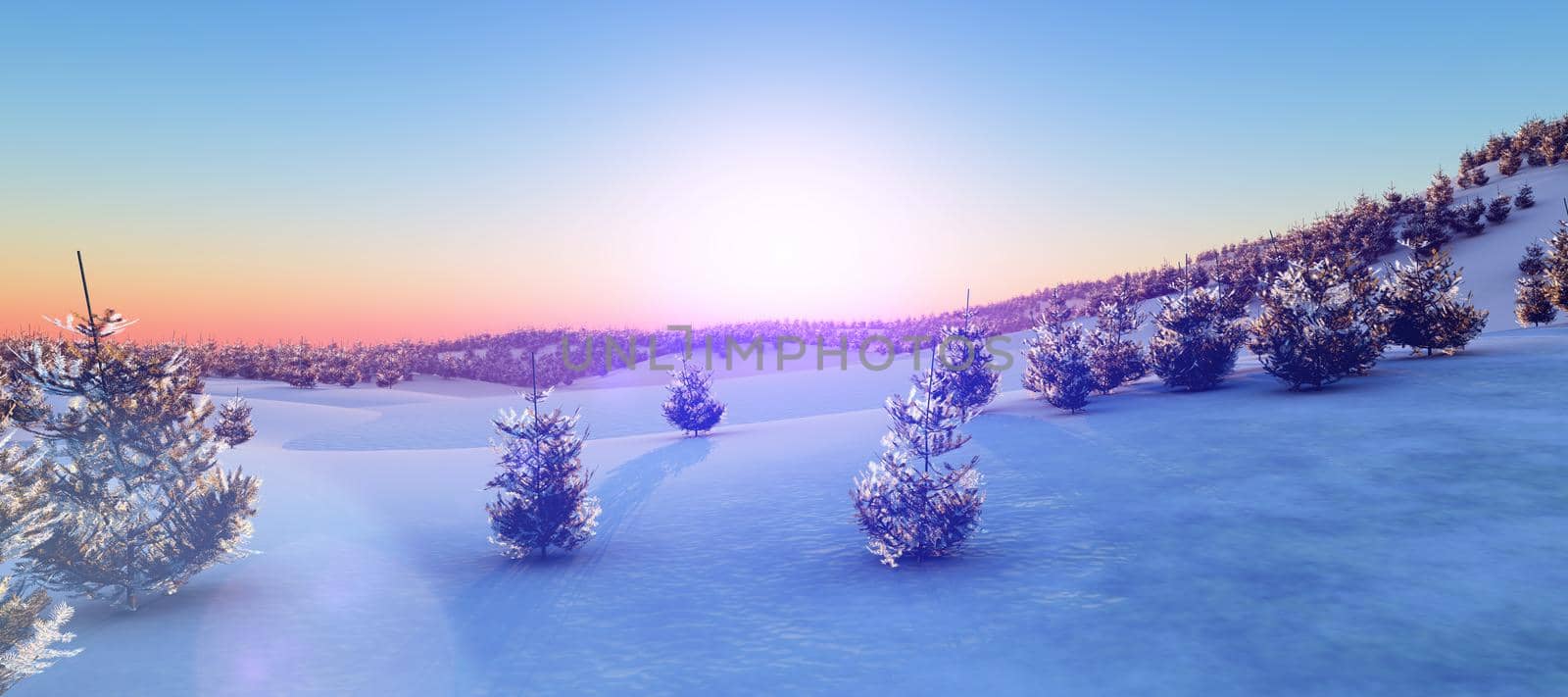 above winter forest mountain sunset 3D rendering illustration