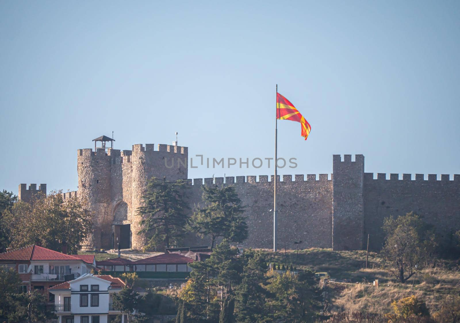 macedonia flag in Ohrid city. old town