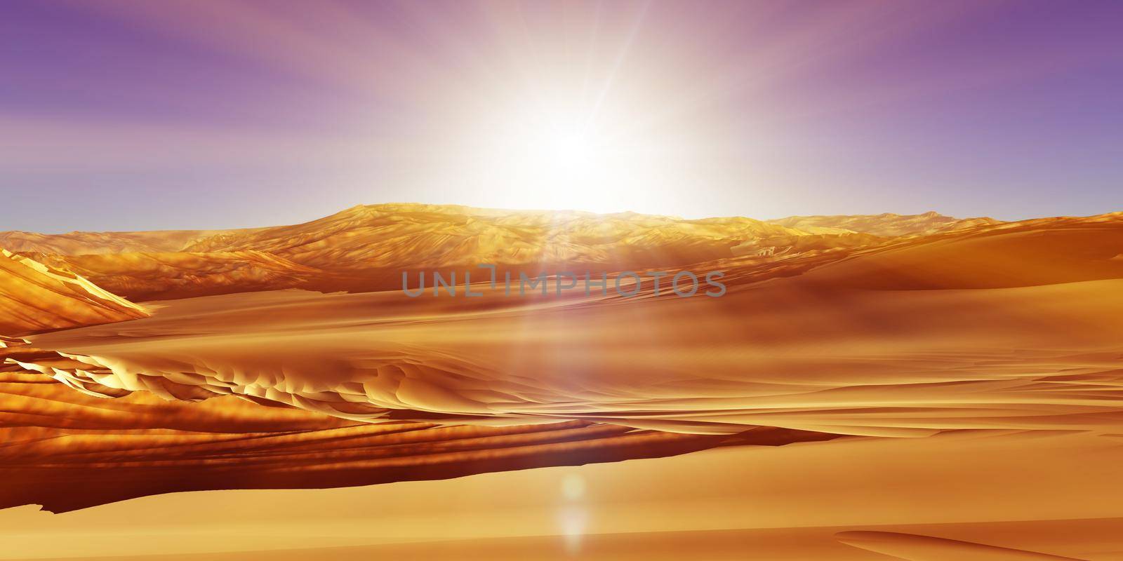 Dunes sunset over the desert. 3d rendering illustration