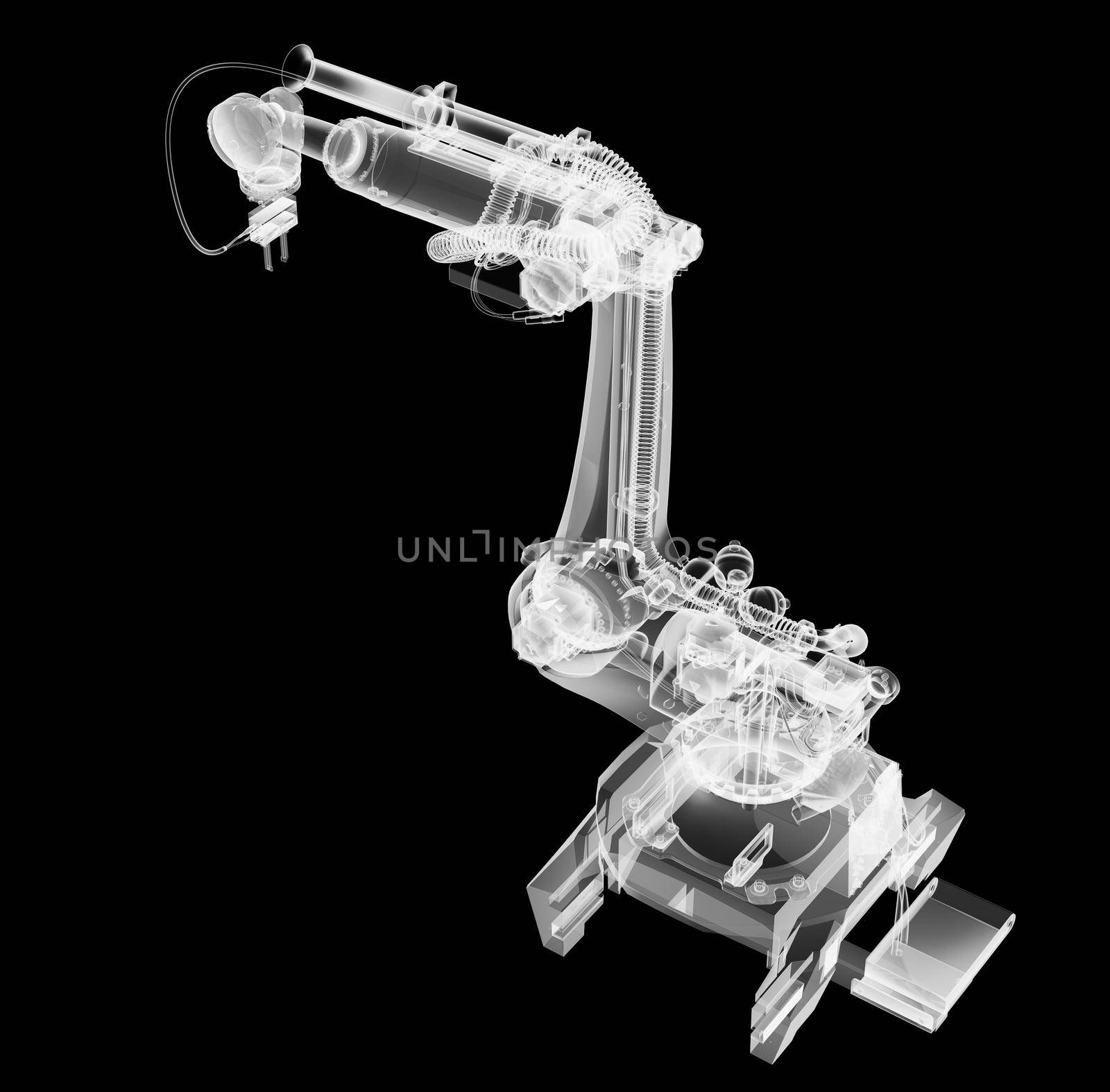 Industrial robot, x-ray transparent. 3D illustration. Non-destructive testing concept