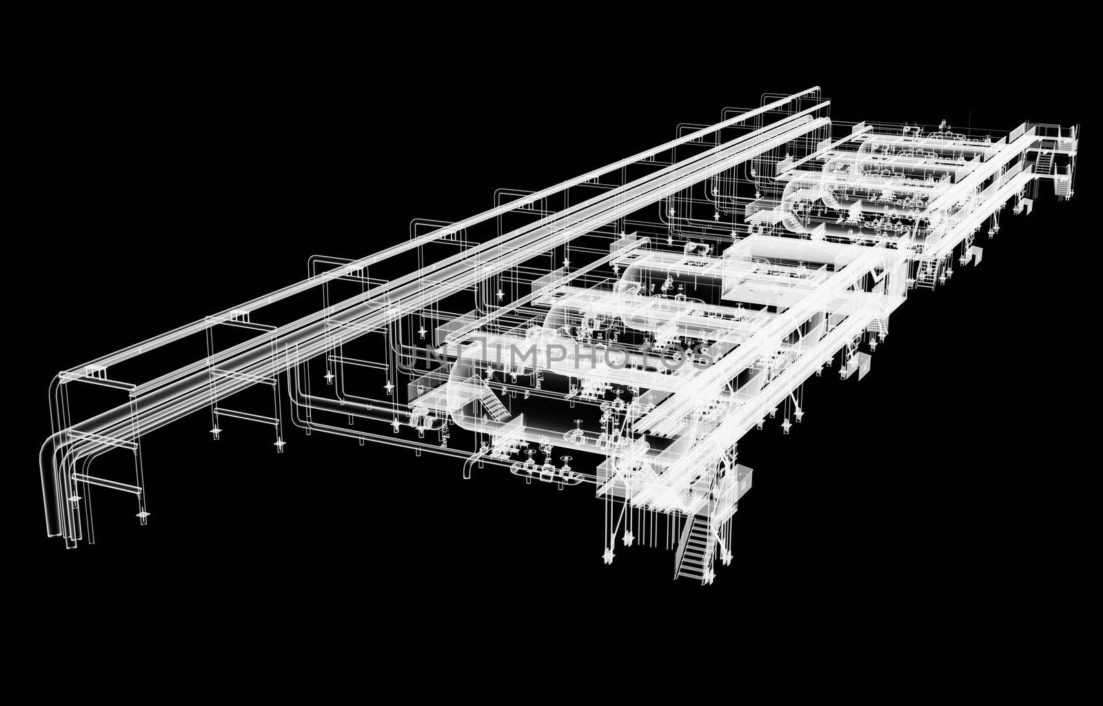 Industrial equipment. X-Ray 3d illustration on black background. Non-destructive testing concept