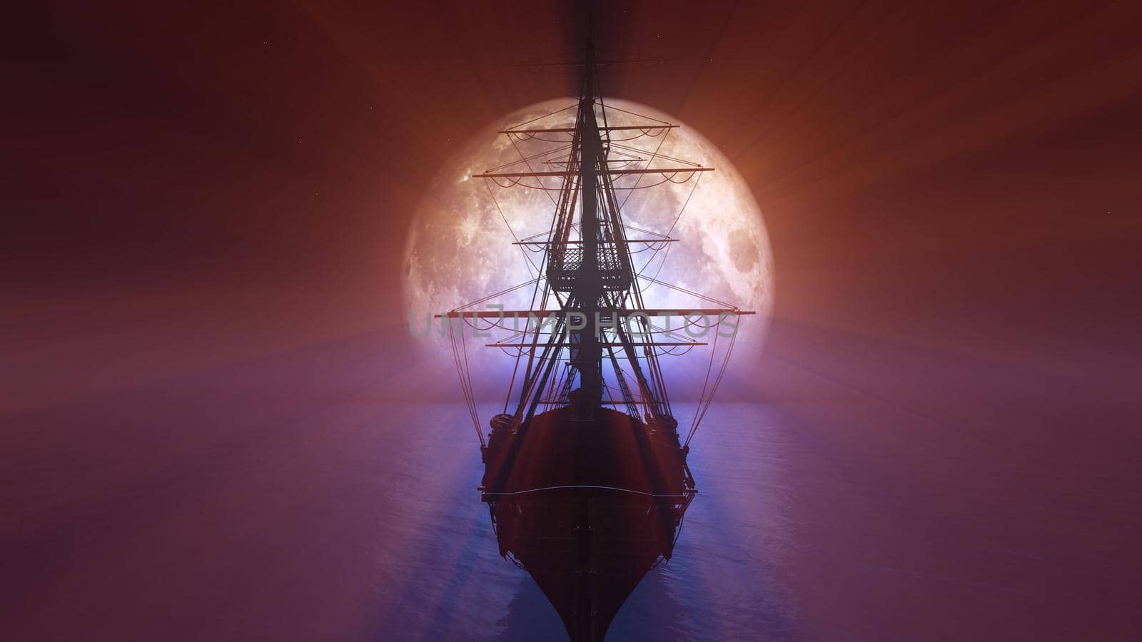 old ship in sea full moon illustration 3d rendering