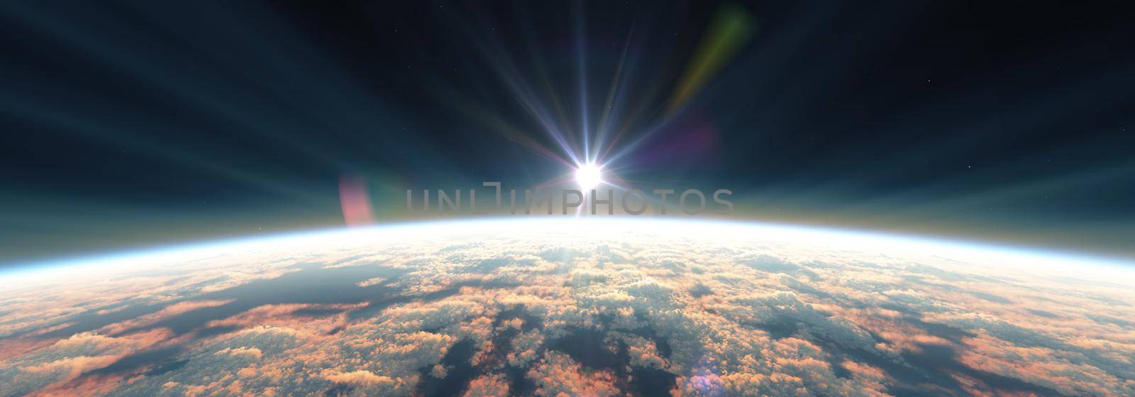 Earth sunrise from space over cloudy ocean. 3d rendering illustration