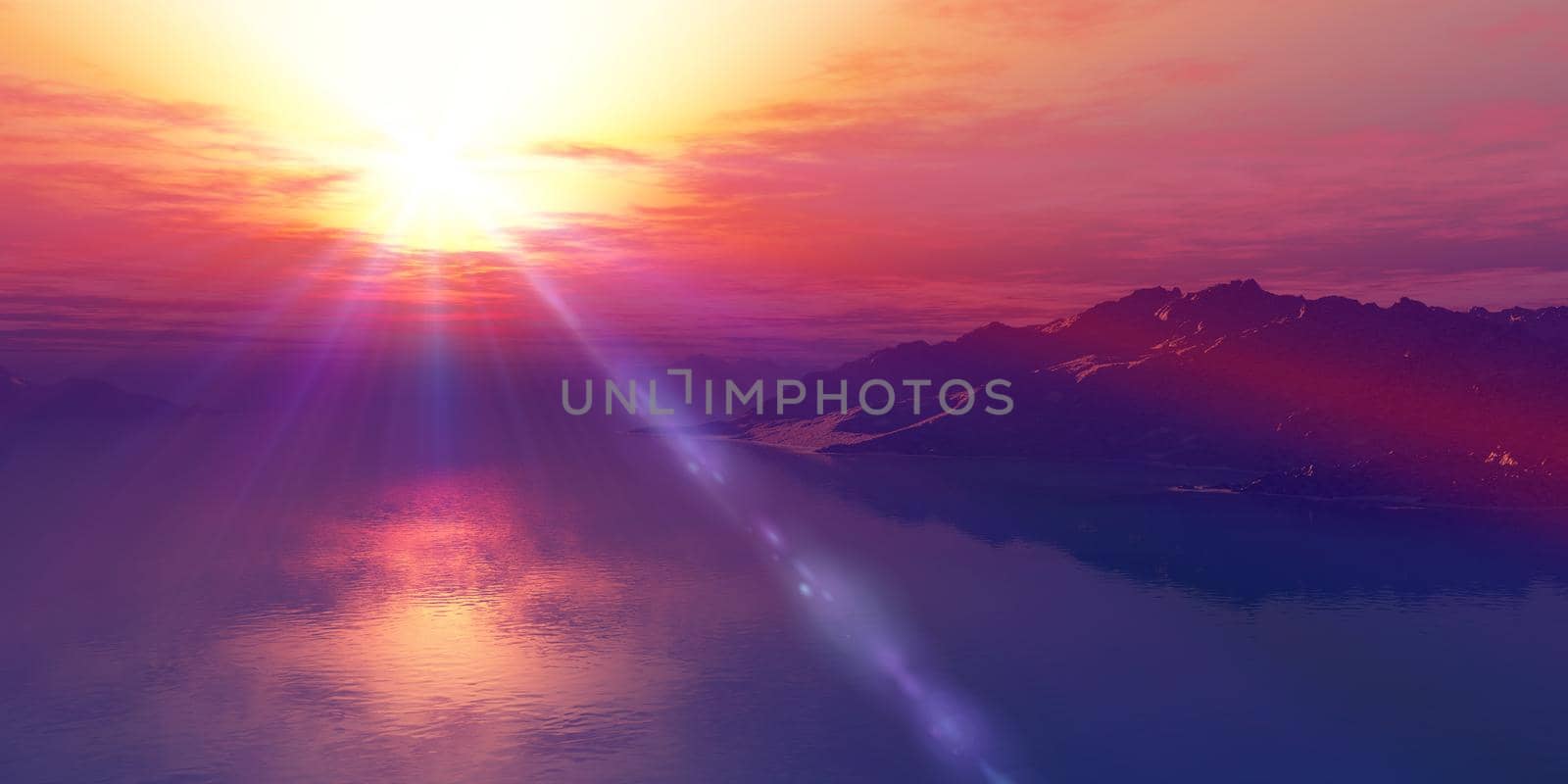 above islands in sea sunset, illustration by alex_nako