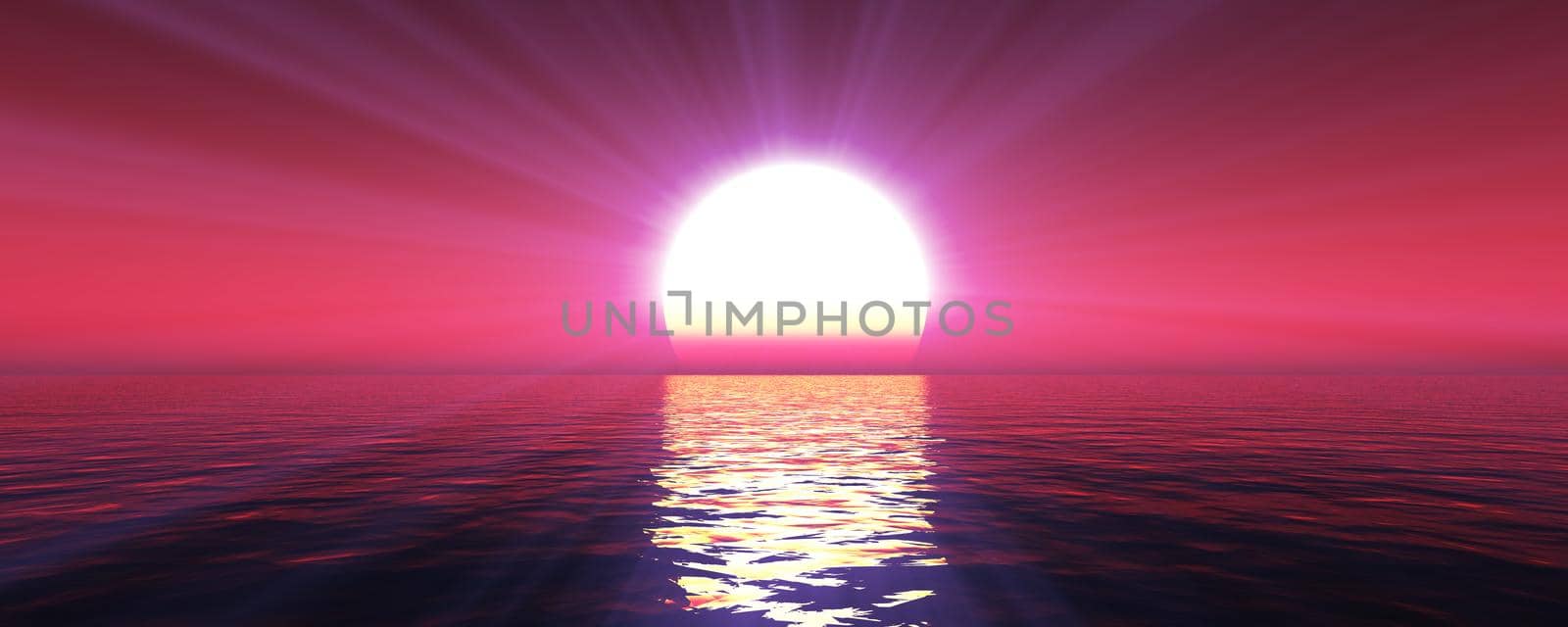 sunset sea sun ray clear sky. 3d rendering by alex_nako