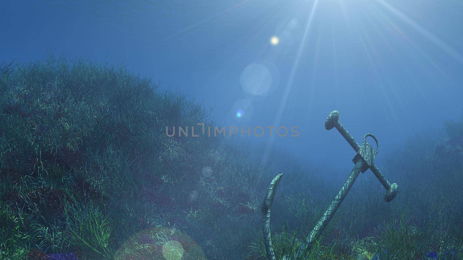 anchor under water sun ray illustration by alex_nako