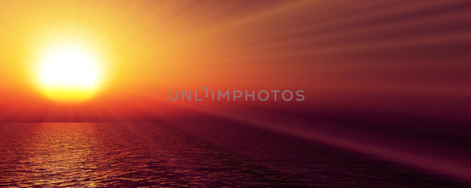 sunset sea sun ray clear sky. 3d rendering by alex_nako