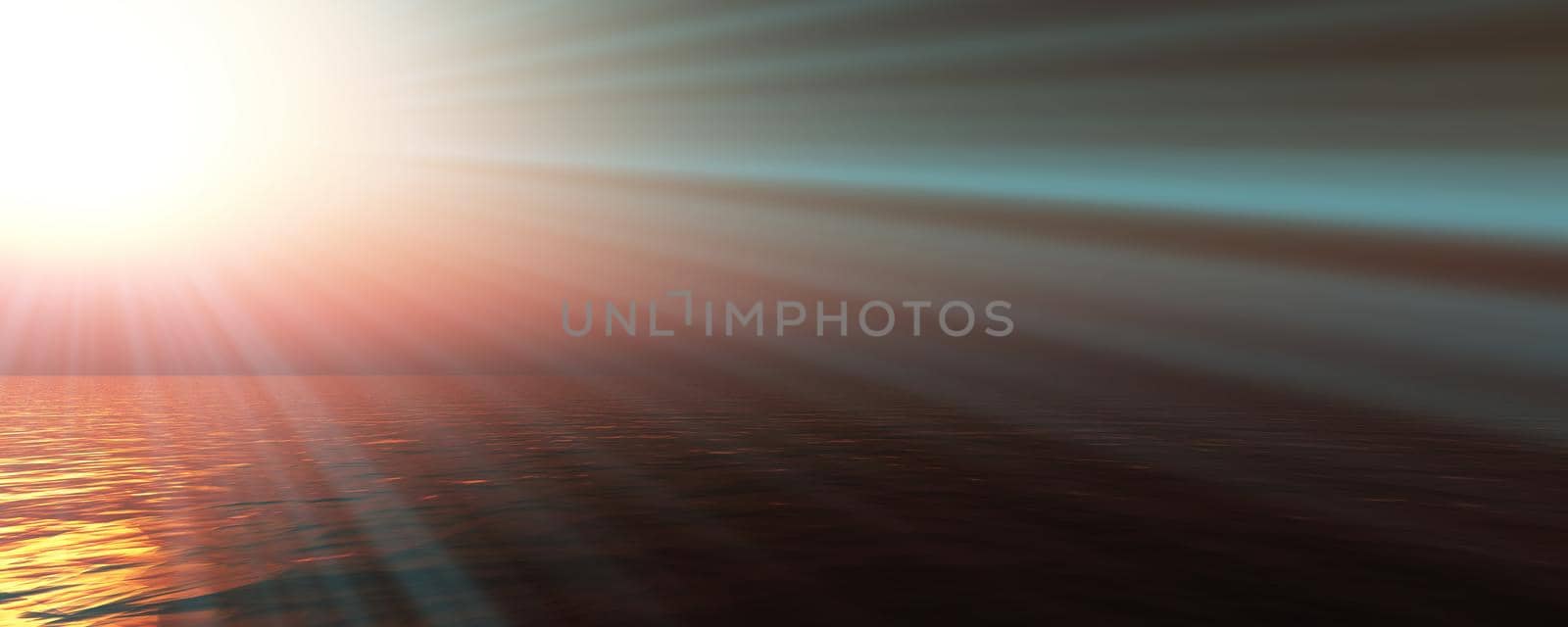 sunset sea sun ray clear sky, 3d rendering illustration