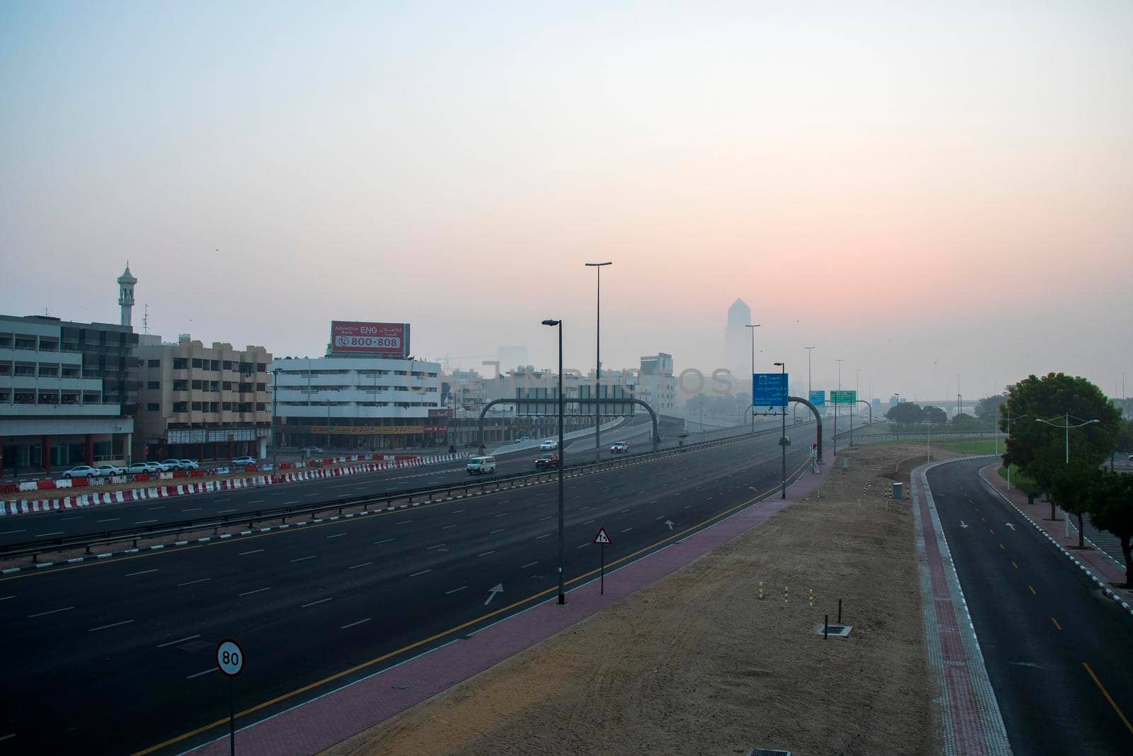 Foggy morning in Dubai city. UAE.