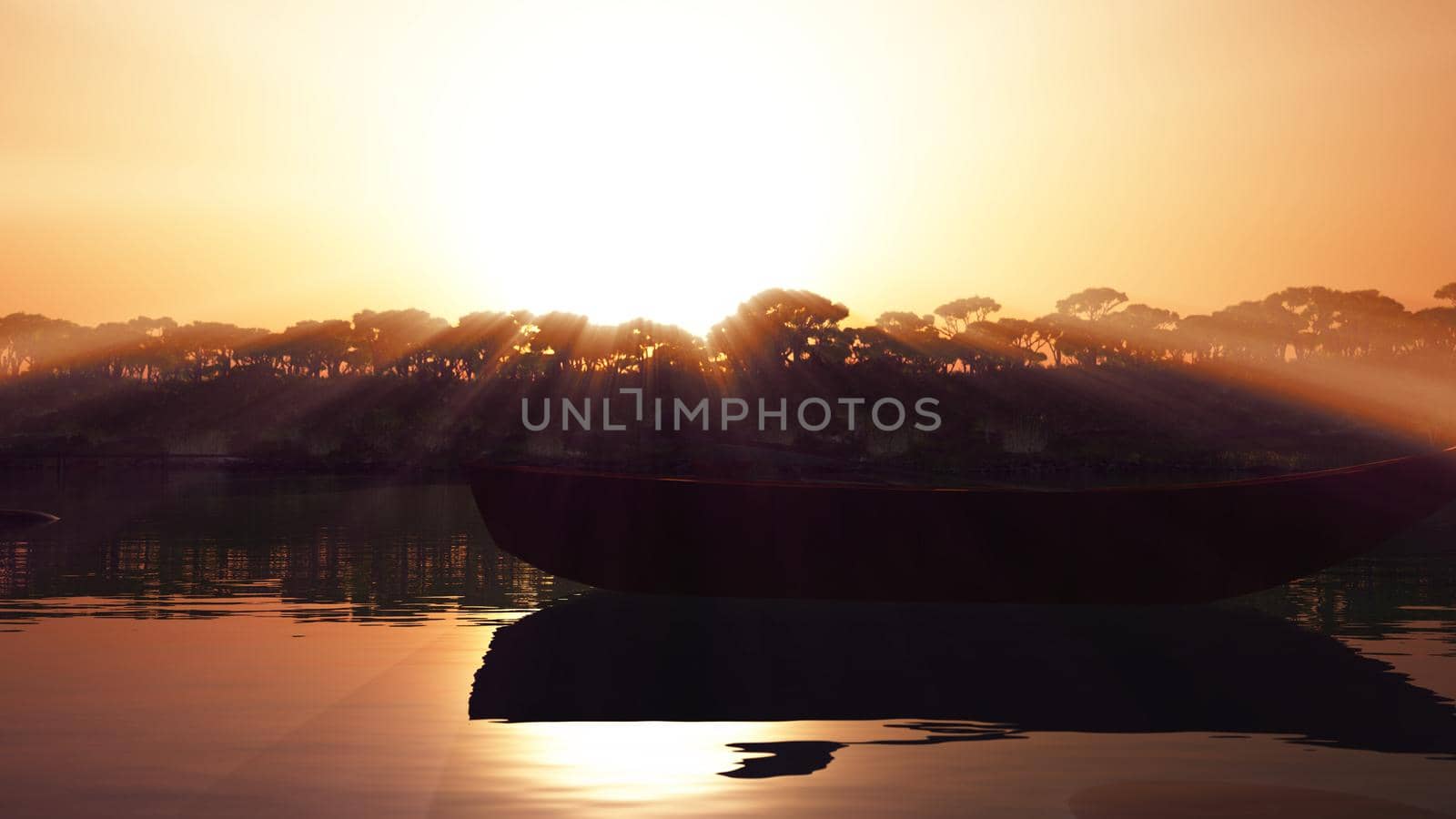 Beautiful sunset over the tropical lagoon, illustration 3d rendering