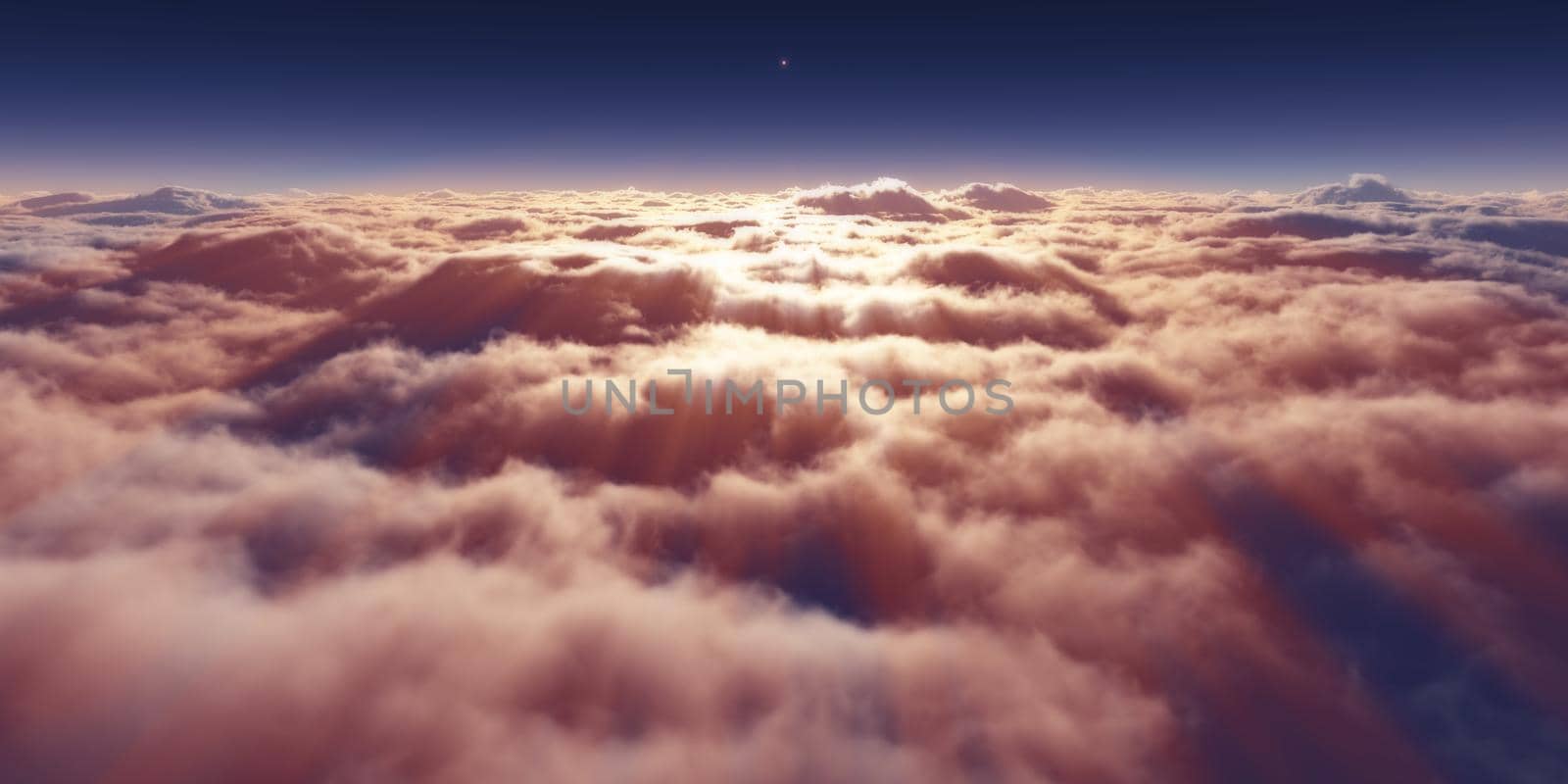 dream fly above clouds ray light, 3d rendering illustration