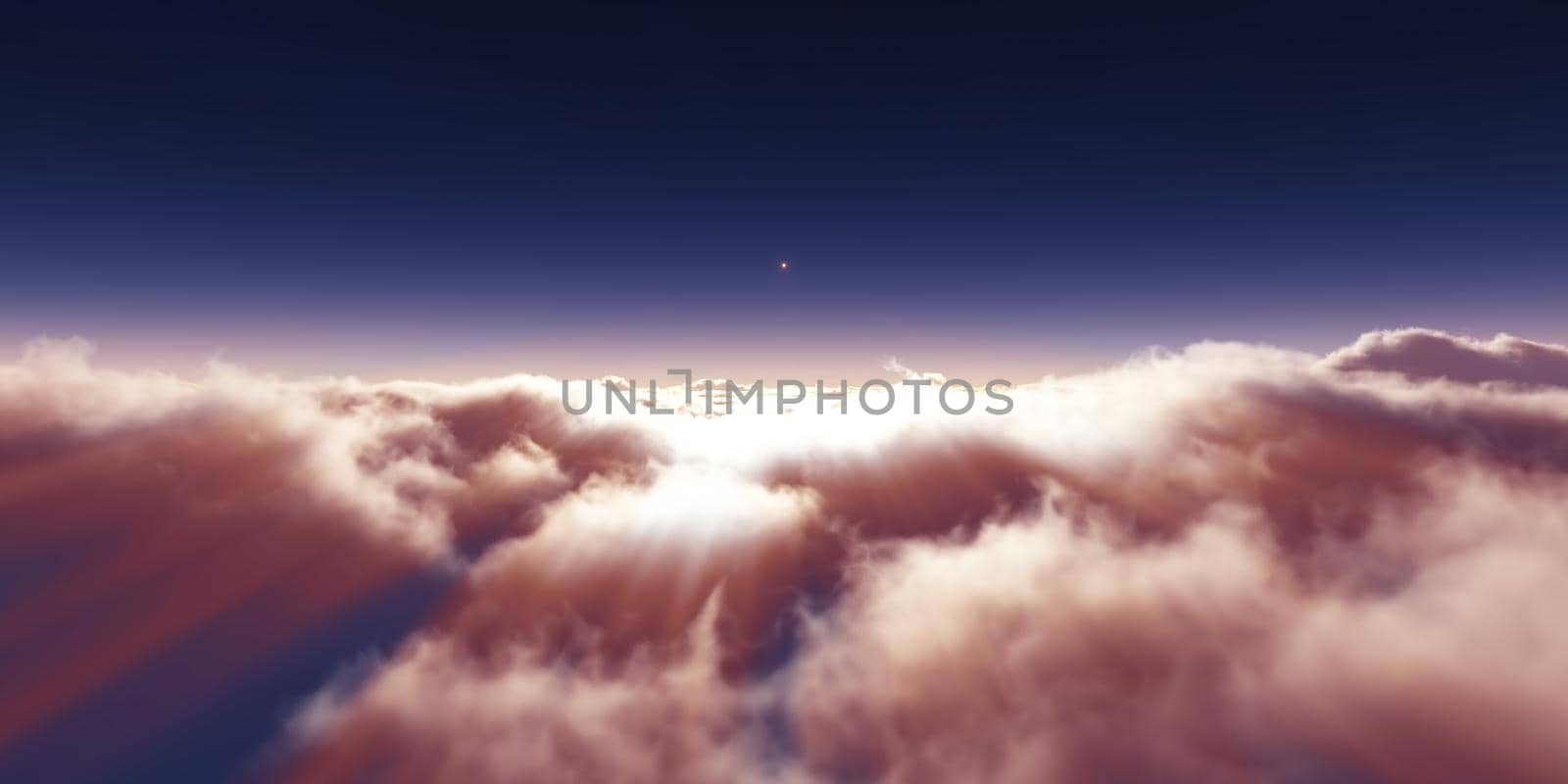 dream fly above clouds ray light, 3d rendering illustration