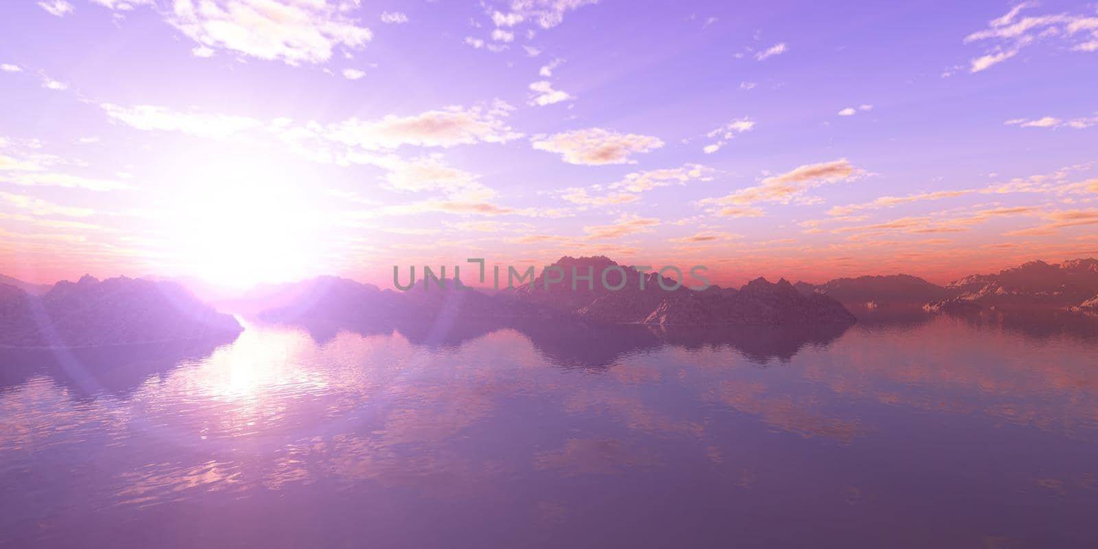 above islands in sea sunset, illustration 3d rendering