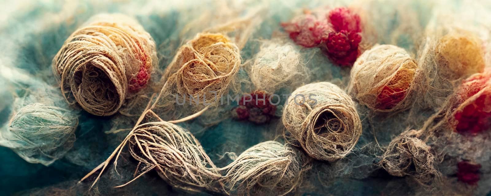 Abstract top-view illustration of the background of multicolored tangled threads, close-up of the colorful stack of thread
