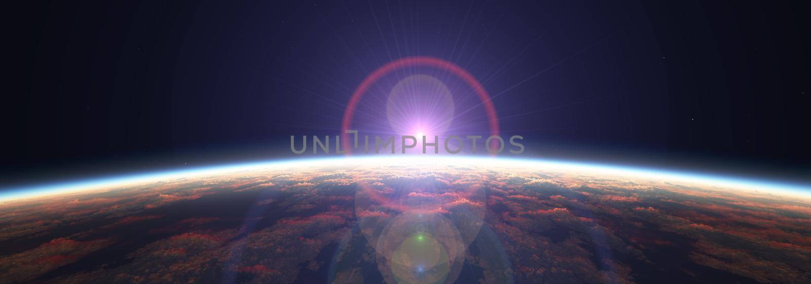 Earth sunrise from space over cloudy ocean. 3d rendering by alex_nako