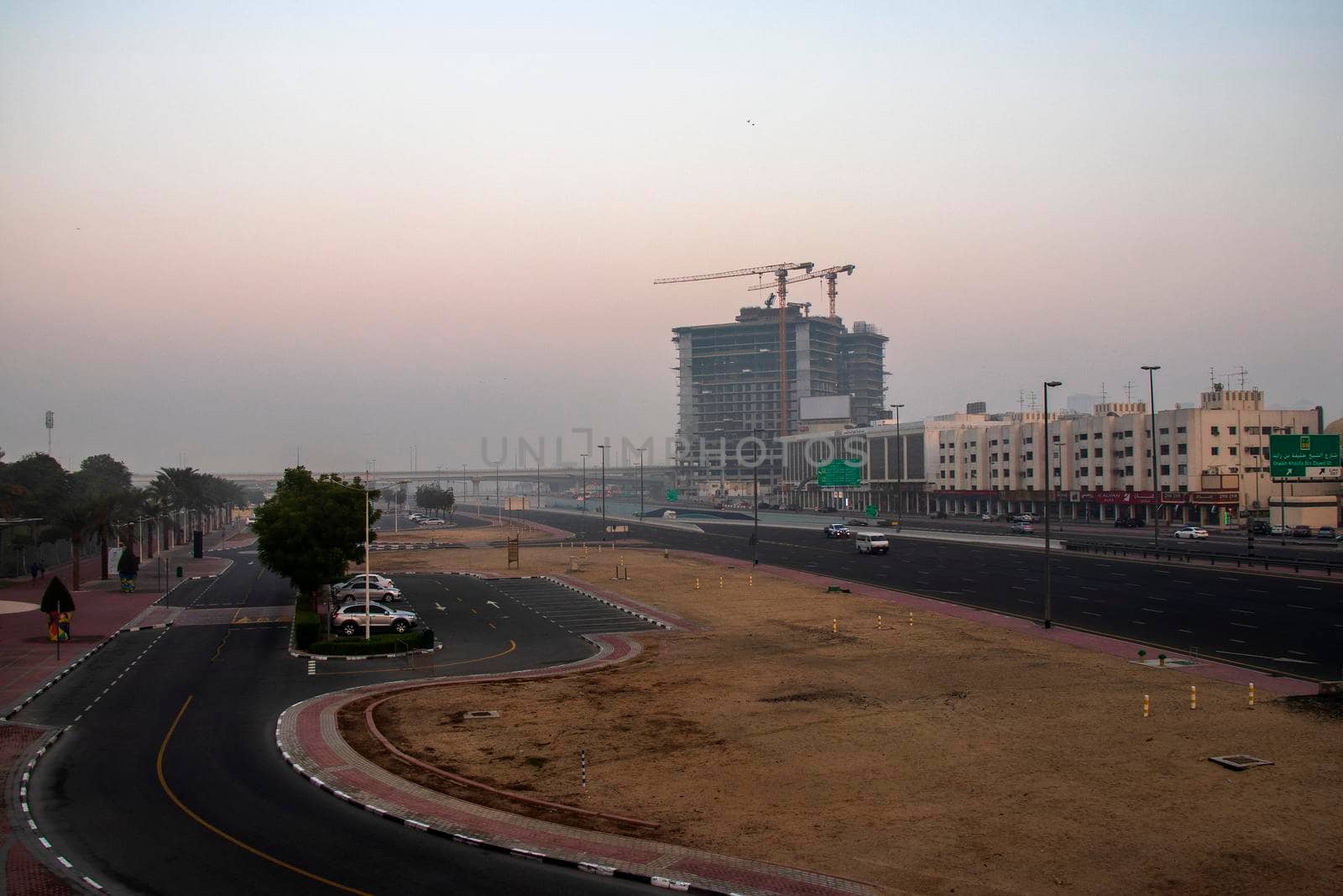 Foggy morning in Dubai city. UAE.