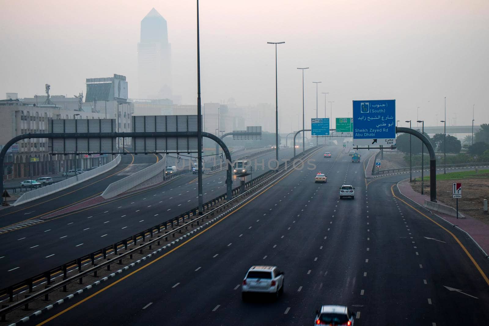 Foggy morning in Dubai city. UAE.