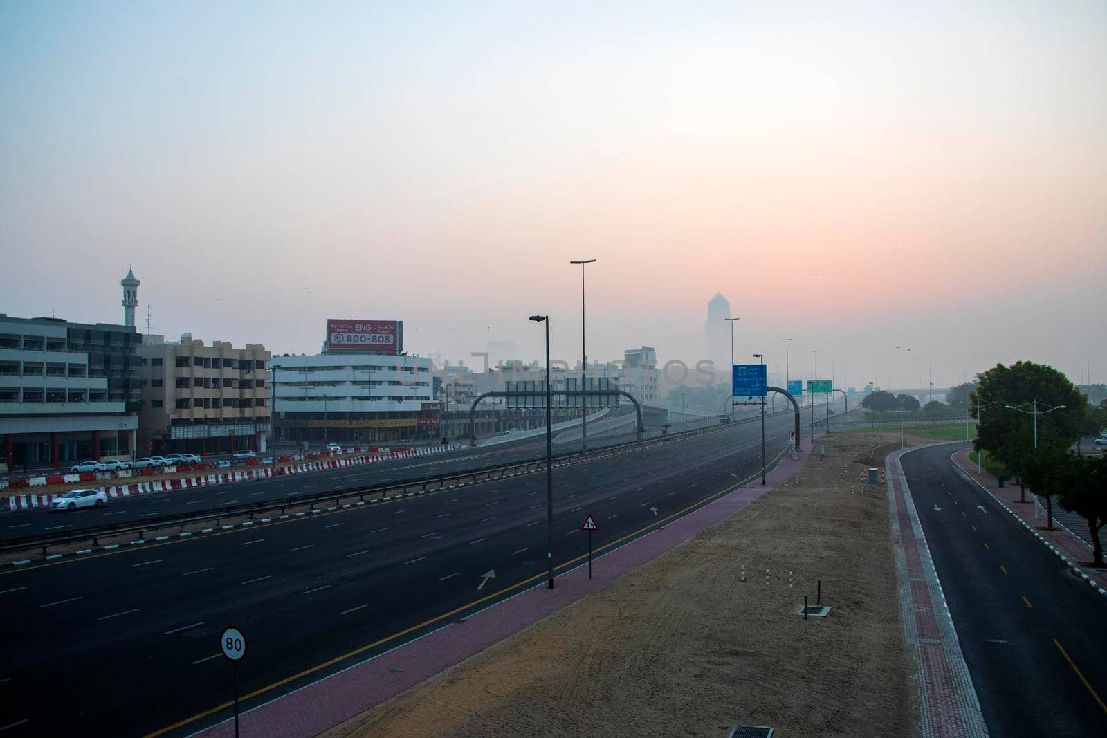 Foggy morning in Dubai city. UAE.