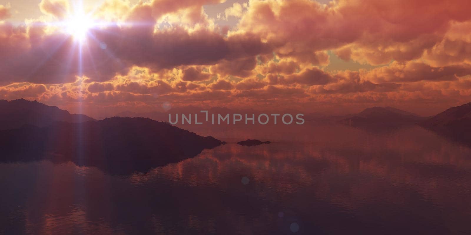 above islands in sea sunset, illustration 3d rendering