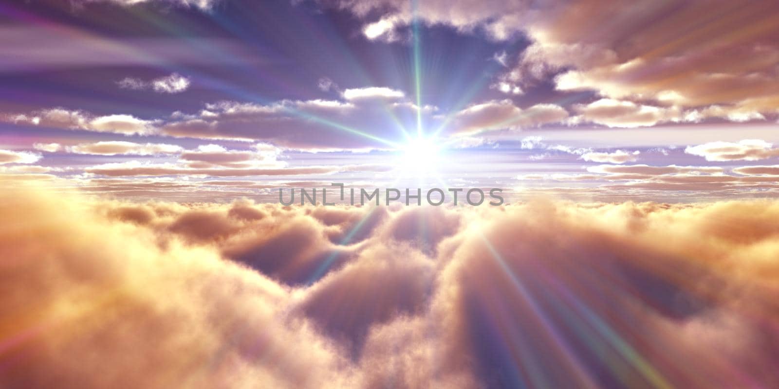 above clouds fly sunset sun ray illustration, 3d render