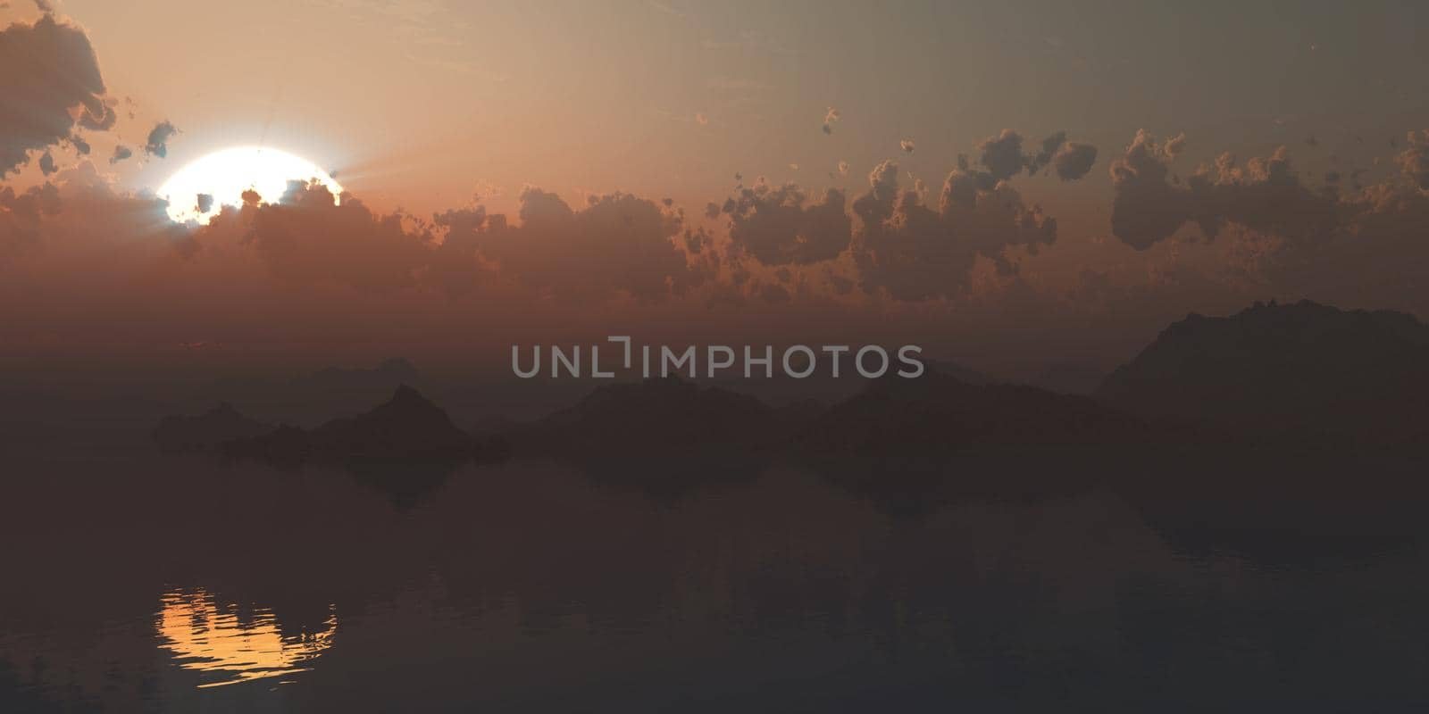 above islands in sea sunset, illustration 3d rendering