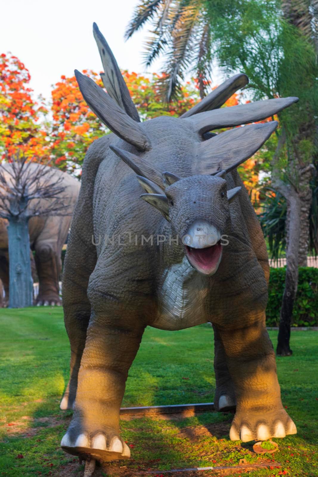 Dubai,UAE - 05.11.2021 -Stegosaurus replica exhibit at dinosaur park.