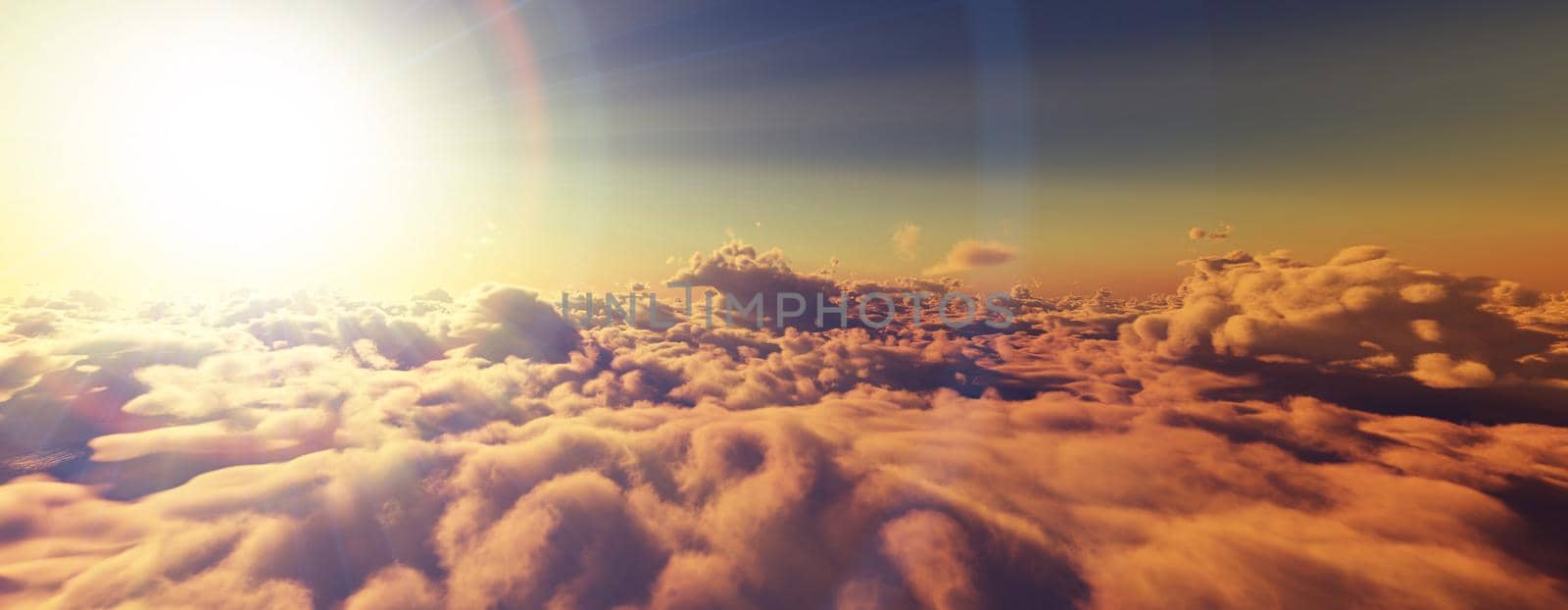 above clouds fly sunset sun ray illustration, 3d render