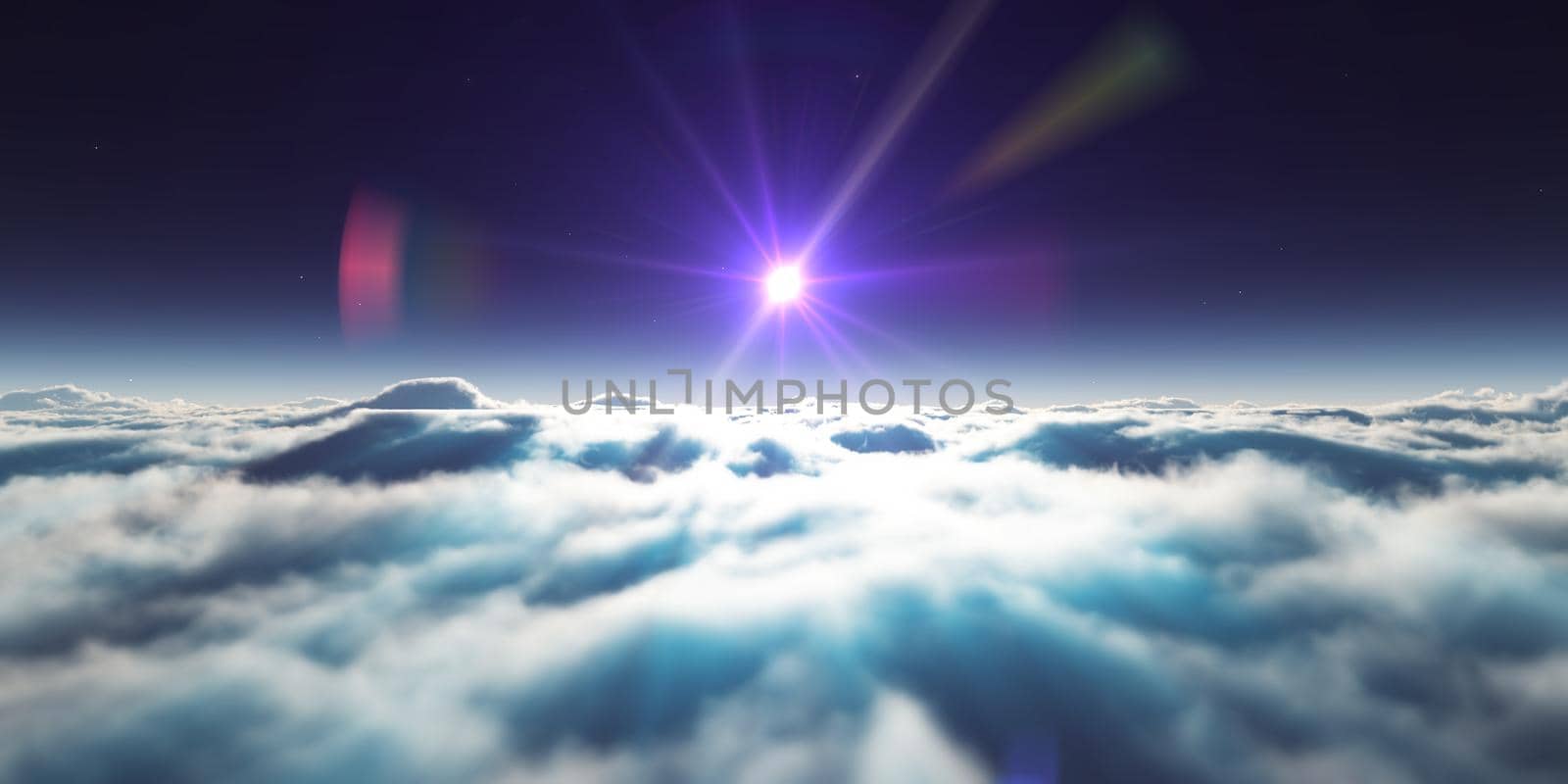 dream fly above clouds ray light, 3d rendering illustration