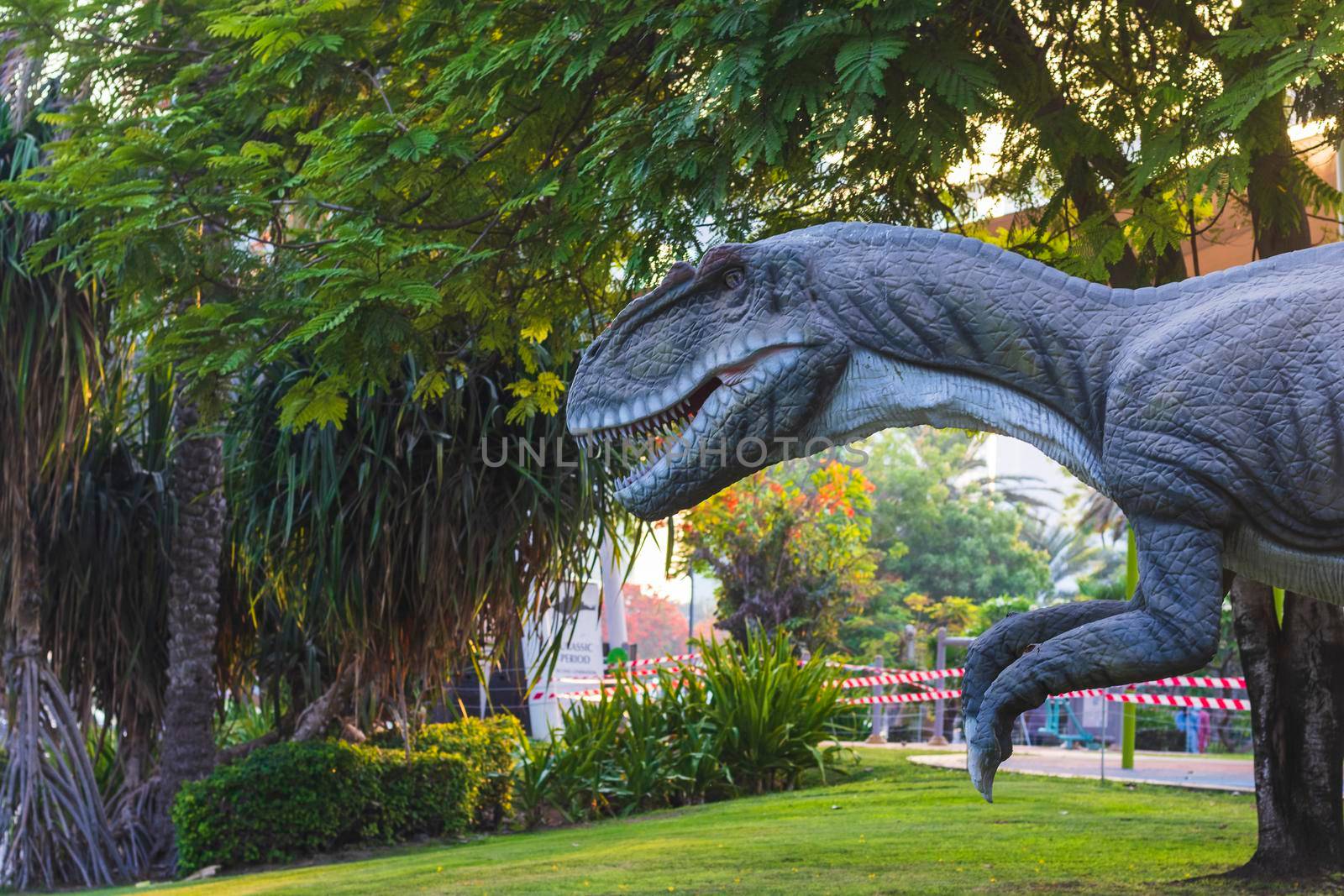 Dubai,UAE - 05.11.2021 - T rex replica exhibit at dinosaur park.