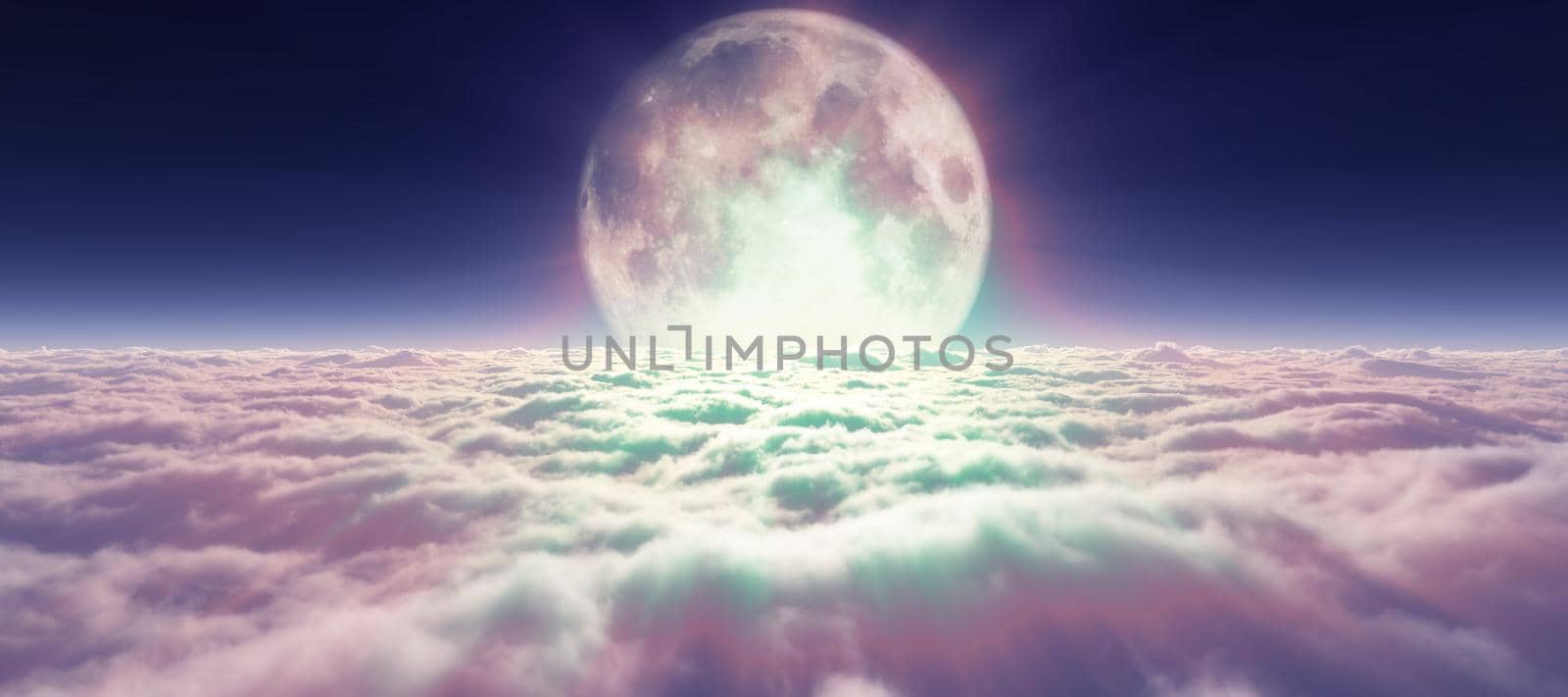 above clouds full moon illustration, 3d rendering