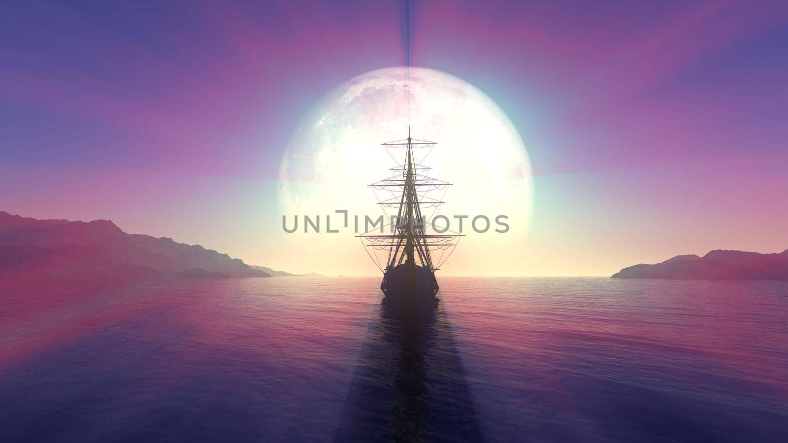 old ship in sea full moon illustration by alex_nako