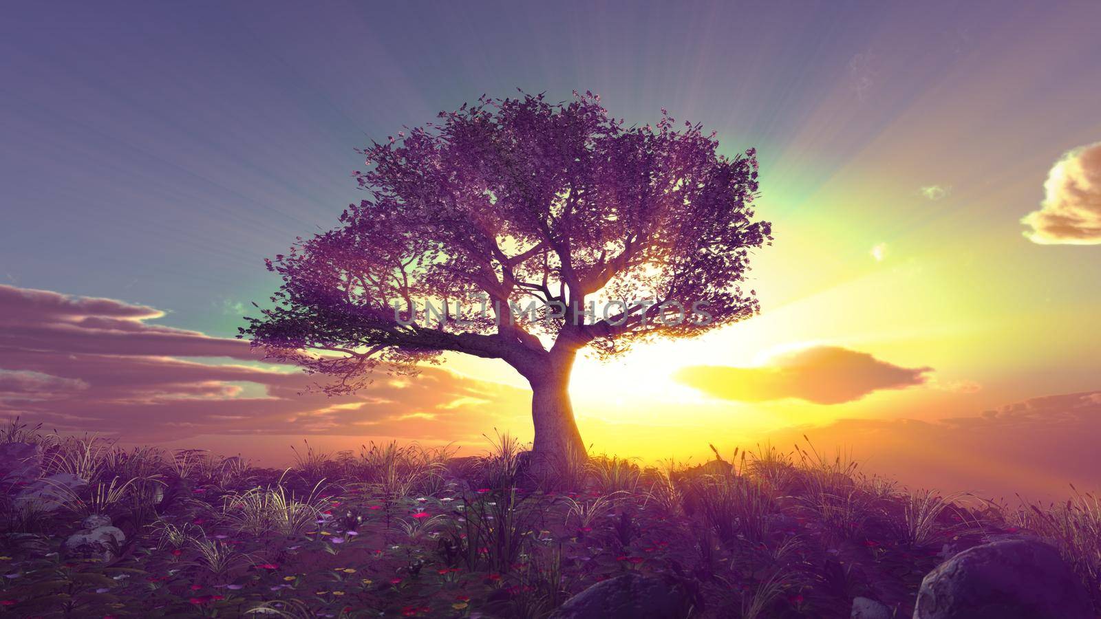 tree spring in meadow sunset illustration, 3d rendering