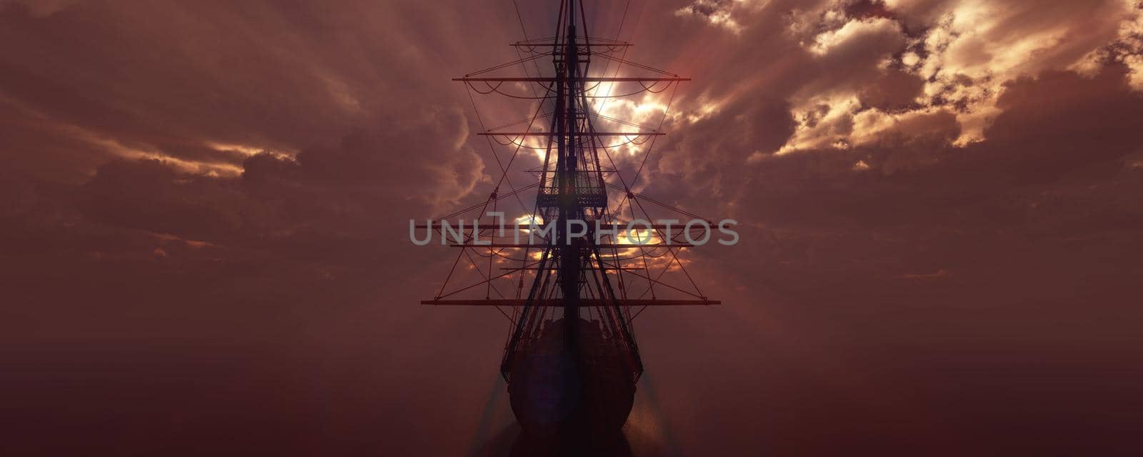 old ship sunset at sea 3d rendering illustration