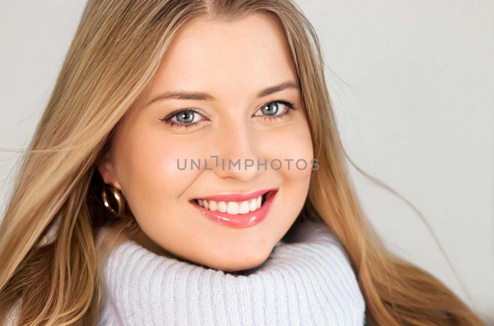 Autumn winter fashion and knitwear, beautiful woman wearing warm knitted sweater, close-up portrait