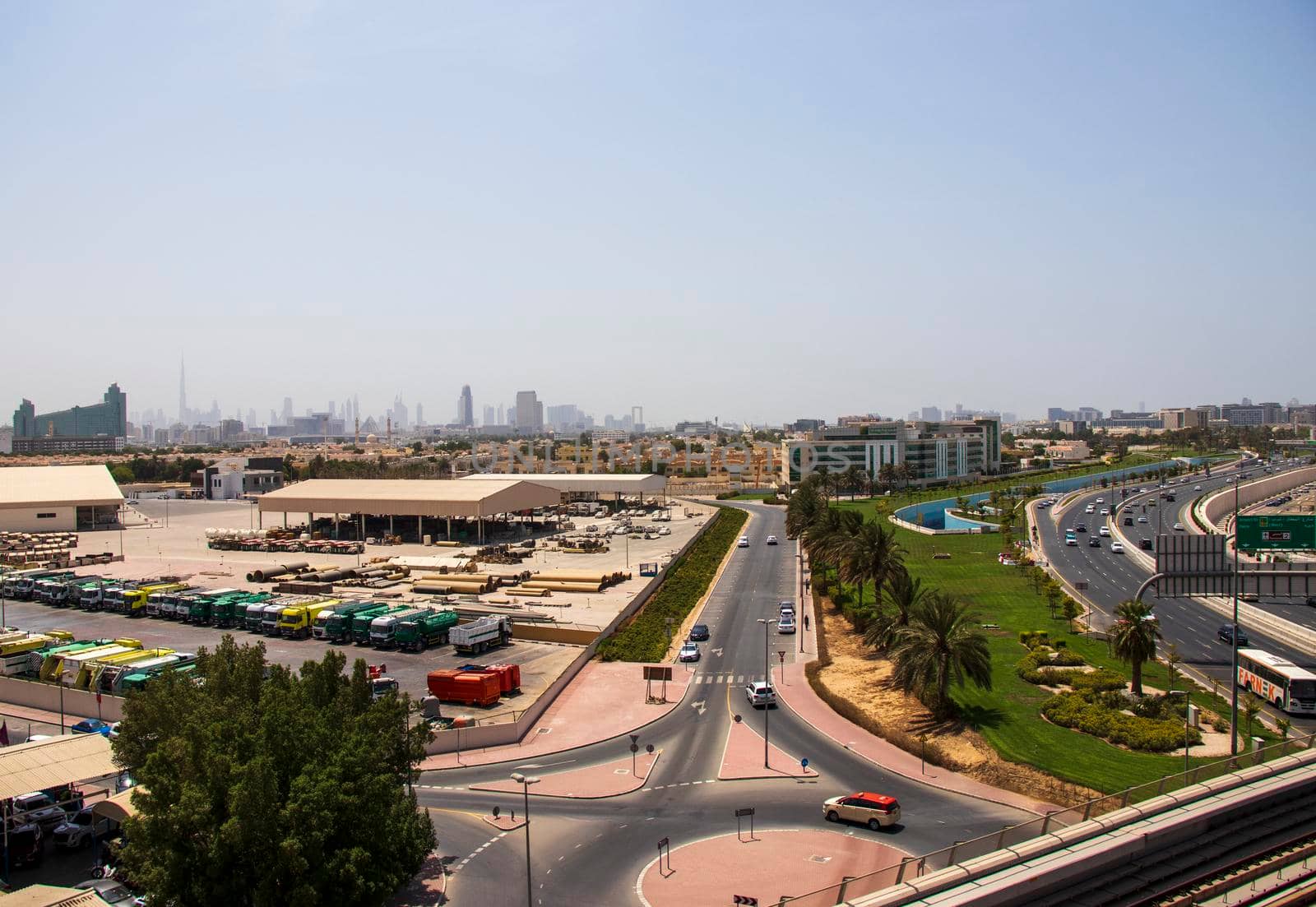 View of not a usual Dubai's skyline with warehouse on foreground. UAE. Outdoors shot