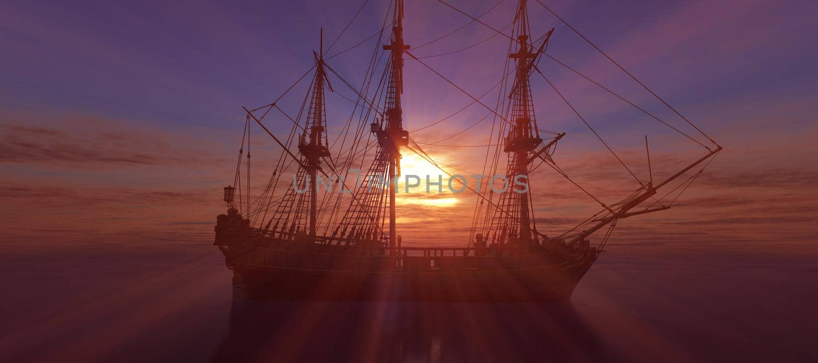 old ship sunset at sea 3d rendering by alex_nako