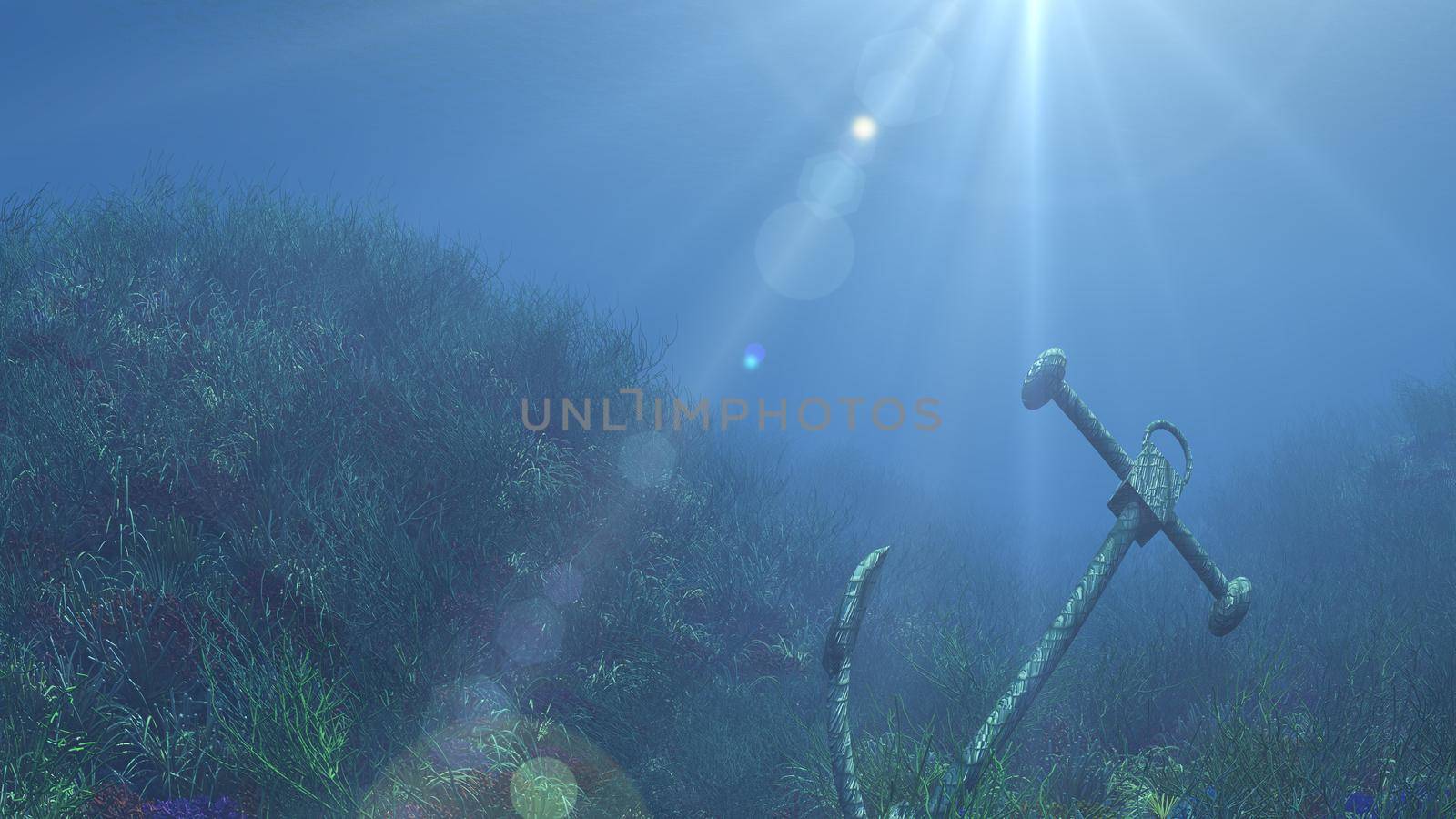anchor under water sun ray illustration 3d rendering