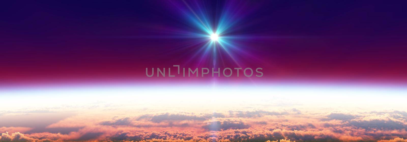 Earth sunrise from space over cloudy ocean. 3d rendering by alex_nako