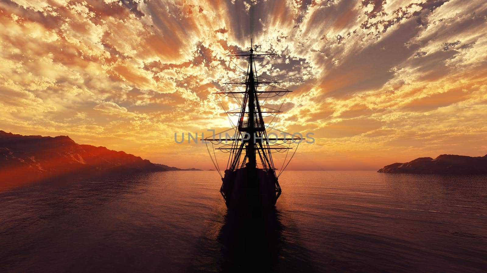 old ship sunset at sea 3d rendering by alex_nako