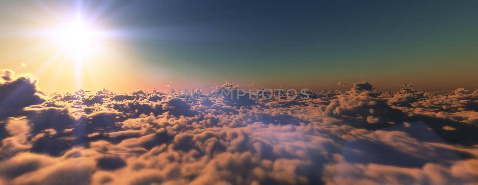 above clouds fly sunset sun ray illustration, 3d render