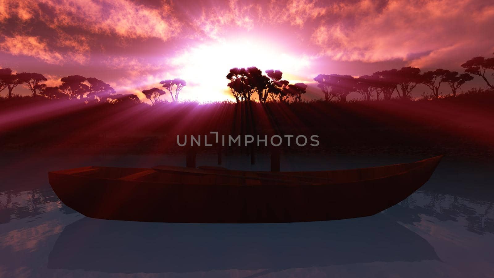 Beautiful sunset over the tropical lagoon, illustration 3d rendering