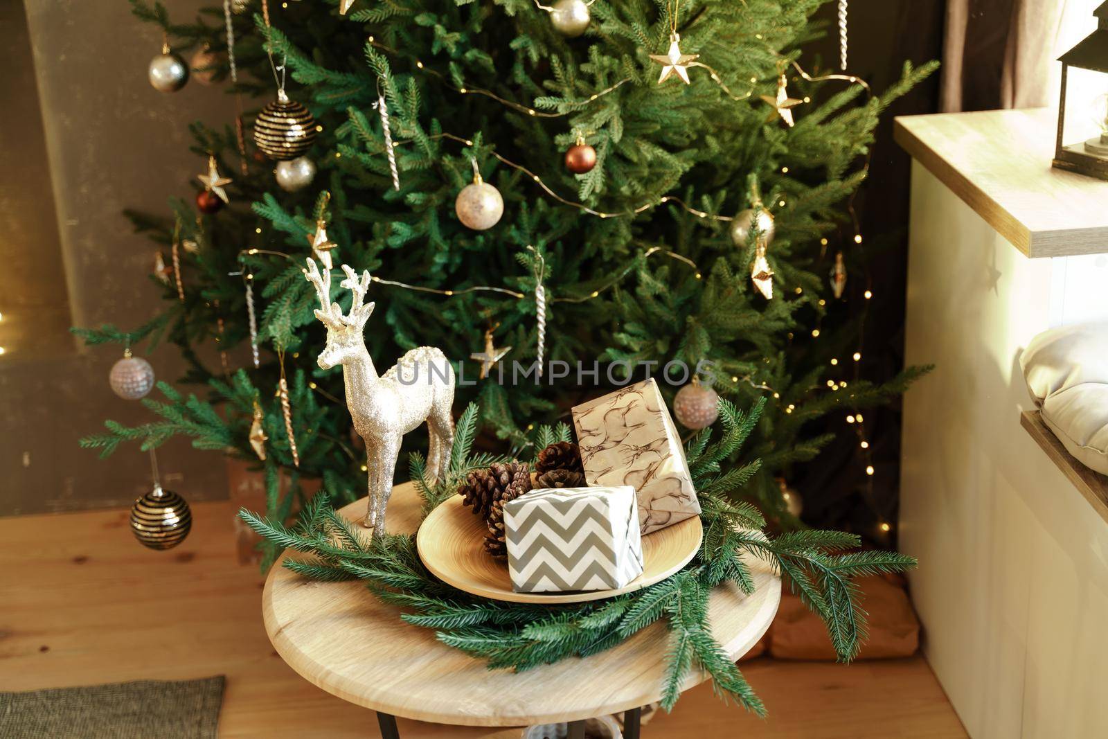 Presents and Gifts under Christmas Tree, Winter Holiday Concept.