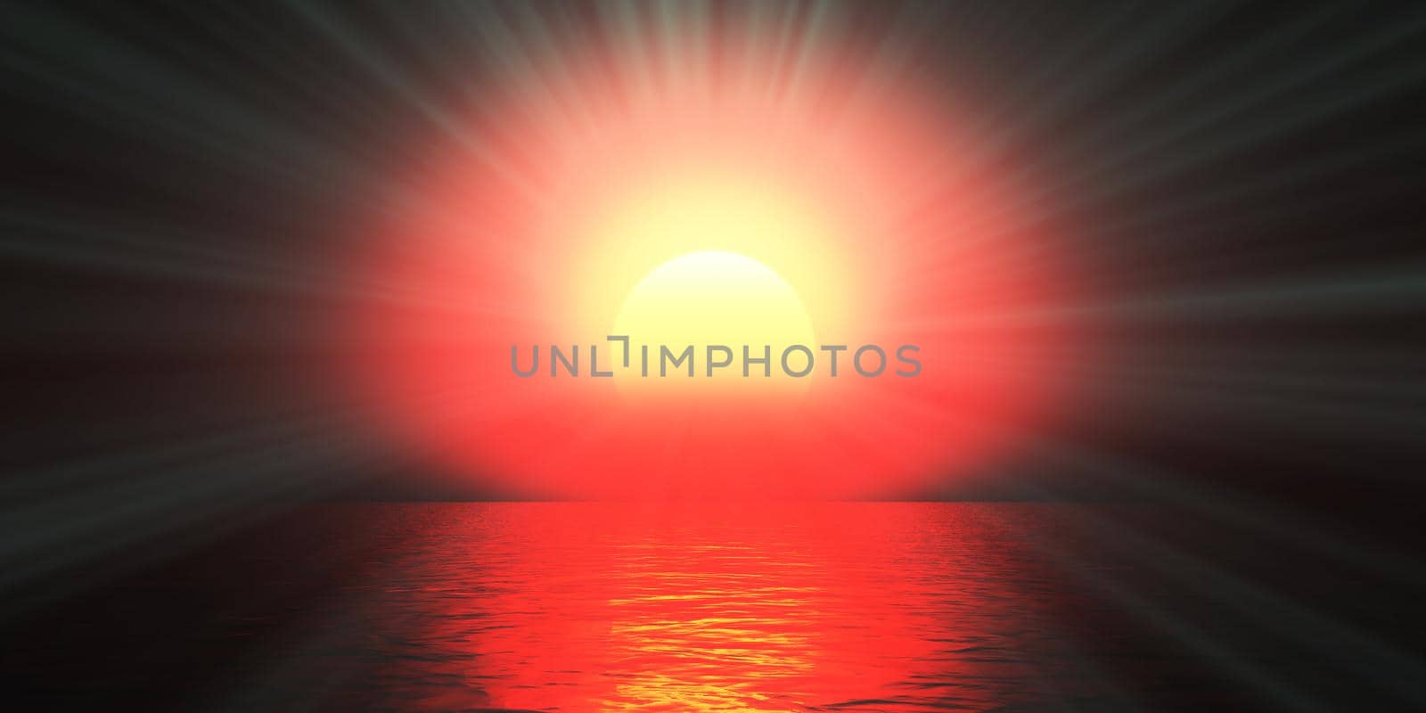 sunset sea sun ray clear sky. 3d rendering by alex_nako