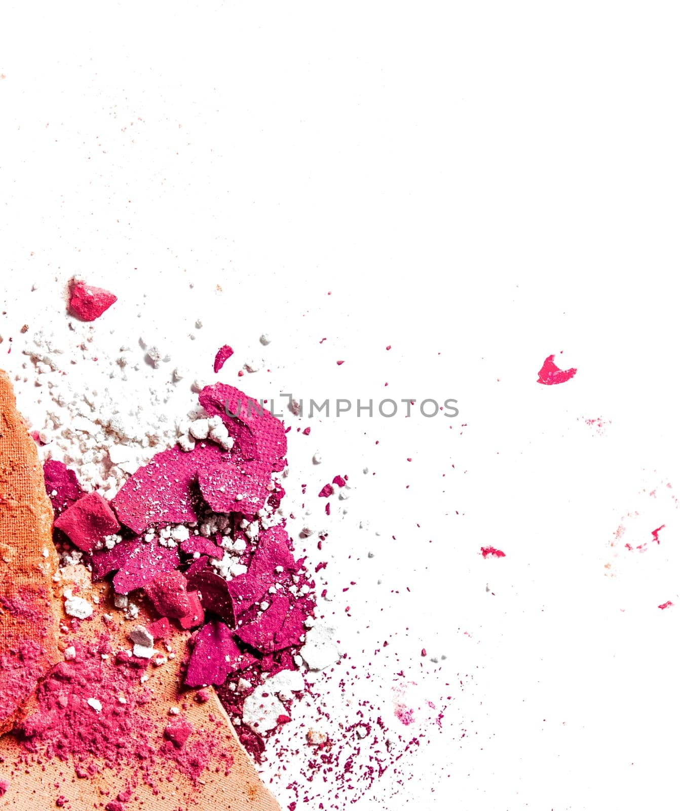 Beauty texture, cosmetic product and art of make-up concept - Crushed eyeshadow palette and powder close-up isolated on white background