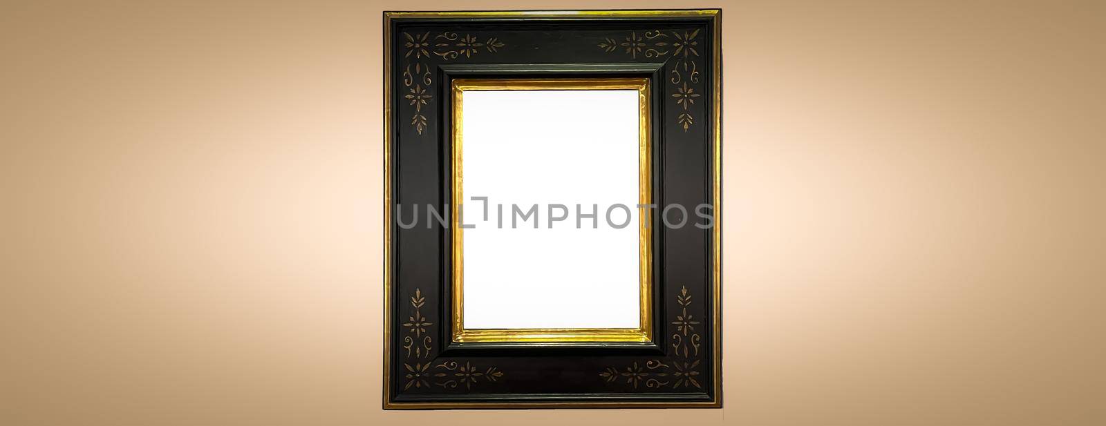 Antique art fair gallery frame on beige wall at auction house or museum exhibition, blank template with empty white copyspace for mockup design, artwork concept